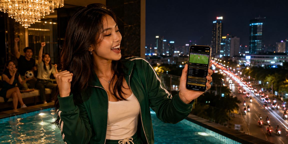 Người dùng TP.HCM sử dụng ứng dụng casino trên điện thoại tại quán cà phê buổi tối